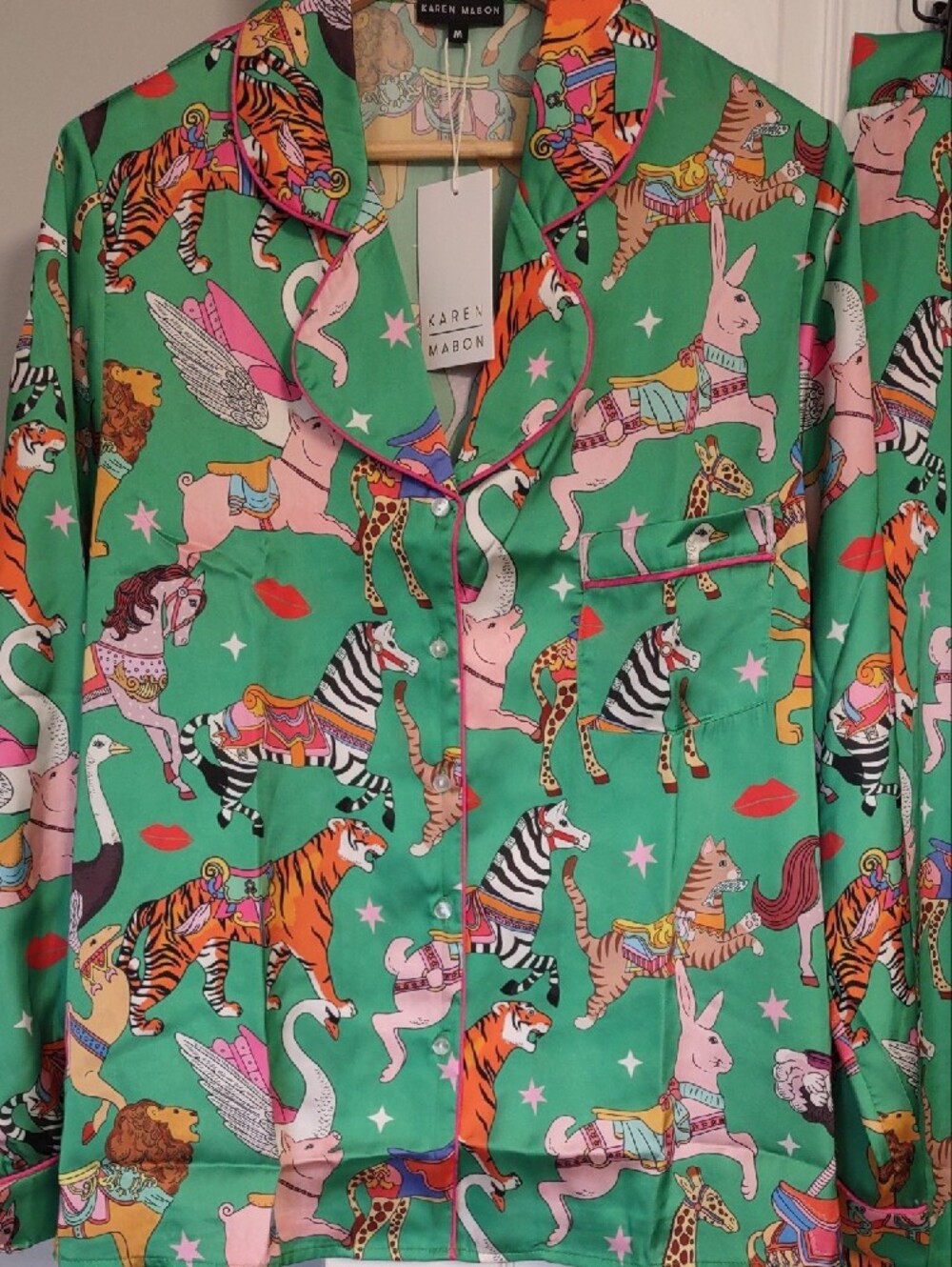 Karen Mabon Carousel Satin Pajama Set Medium M Whimsical Luxury Sleepwear.NWTS - Picture 2 of 15